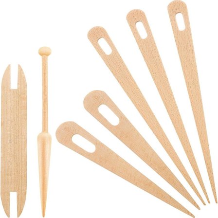 Sett med 7 håndvevnåler i tre, inkluderer 5 vevnåler i tre med vevskyttler i tre og gjør-det-selv-verktøy