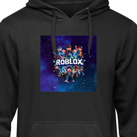 Barnehettegenser Roblox gamingsdesign med avatarer på galaksebakgrunn i blå og lilla toner, en populær Roblox-stil for spillere og eventyrlystne.