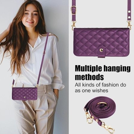 Kotelo iPhone 13 6.1:lle, violetti, crossbody-korttipidike, nahkainen timanttiteline