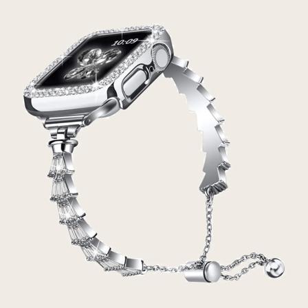 Metall diamantrem + case För Apple Watch 8 7 45mm 41mm Armband för damsmycken För iwatch 6 5 4 3 SE 44mm 42mm 40mm Silver For 44mm
