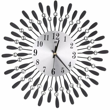 15 Tums Stor Väggklocka 3D Glansig Rhinestone Sol Stil Modern Heminredning (Svart)