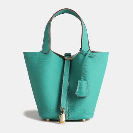 Romslig Lake Blue Ku skinn bøtteveske med litchi-mønster for hverdagsbruk