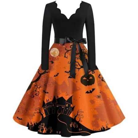 BTBDYDH Halloween Klänning Retro Långärmad V-ringad Klänning Utsvängd Vintage Hepburn Klänningar Pumpa Fladdermus Häxa Tryckt Cosplay Party Kostym 