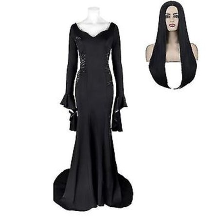 Wednesday Morticia Addams Cosplay Kostyme Sexy Svart Kjole For Kvinner Halloween Karneval Party Kostyme-r (XS Med Parykk)