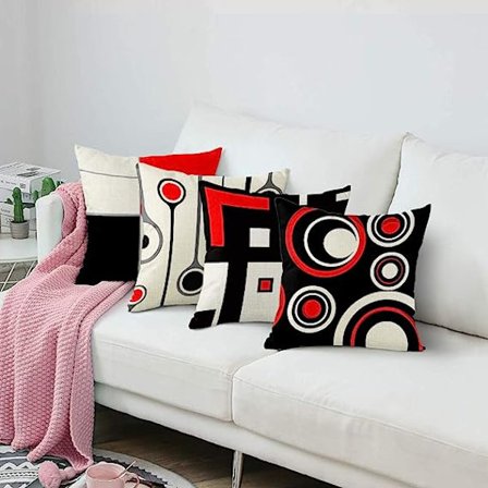 Sæt med 4 pudebetræk Moderne abstrakt rød og sort hvid bølget