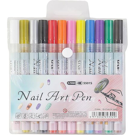 12 stk. neglekunstpenner – 0,5 mm fin spiss, vanntette og hurtigtørkende neglepenner