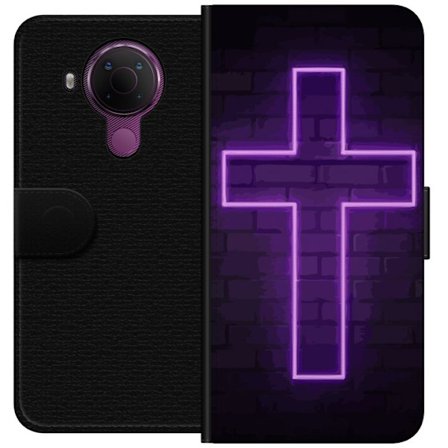 Yhteensopiva Lompakkokotelo Nokia Nokia 5.4 Neonristi purppuranvalossa tummaa tiiliseinää vasten, symbolinen motiivi vahvalla hohto moderni esteetti