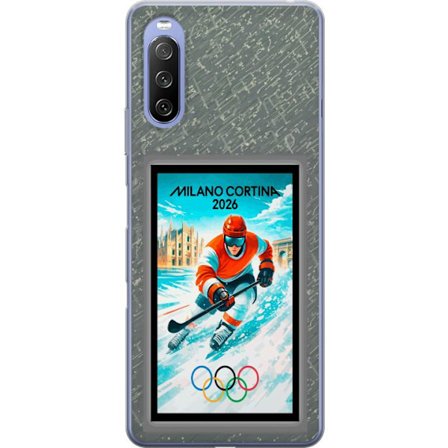 Kompatibel Mobilcover til Sony Xperia 10 III Curling illustration med spillere og sten på isen, Milano Cortina 2026, snedækkede stænk og olympiske