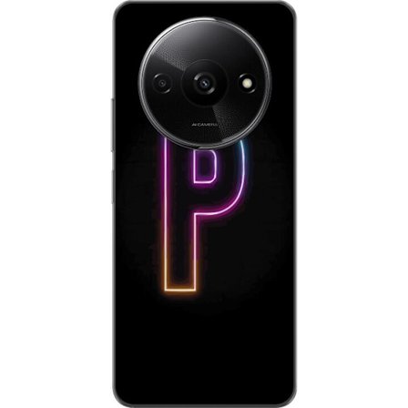 Kompatibel Mobilcover til Xiaomi Xiaomi Redmi A3 Minimalistisk neonbogstav P i farvegradient og lyseffekt mod sort baggrund i digital neonstil