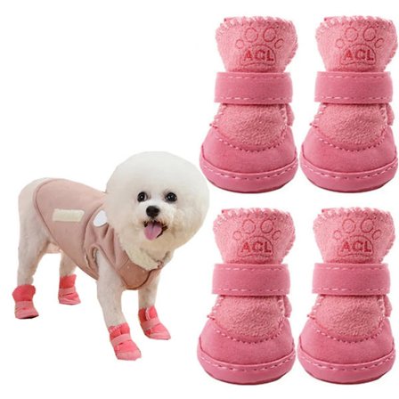 4 stk hund sko potebeskyttelse utendørs, snøsko for kjæledyr, sklisikre plysj hundestøvler, rosa (B: 3,3, L: 4,3)