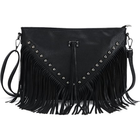 Damväska i läder med nitar och fransar, axelremsväska, hobo-modell