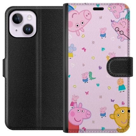 Kompatibelt Lommeboketui til Apple iPhone 15 Plus Peppa Gris med en baby i armene, mamma gris motiv i fargerik og myk barneillustrasjon med hjerter