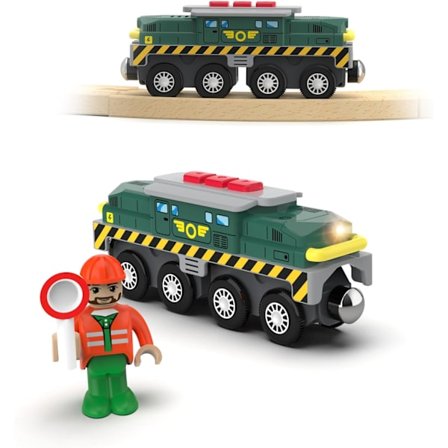 Puinen junaratajuna, vihreä tankkiakkuinen veturi magneettijunalla