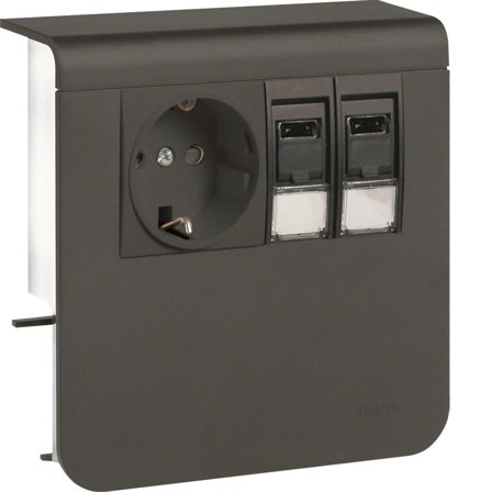 Hager SL200809209011 Uttag 1-vägs + 2 x RJ45, 80 mm Antracitgrå, Installationsmaterial