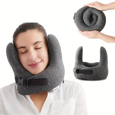 Memory Foam nackkudde, huvudstöd, justerbar spänne resekudde, lämplig för flygplan, tåg och bil Gray