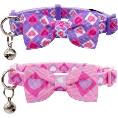 2-pak Valentinsdag Kattehalsbånd med Klokke, Breakaway Kattehalsbånd med Sød Butterfly, Søde Pink Hjerter, Justerbar fra 8"-12" Pink Hals: 8"-12"