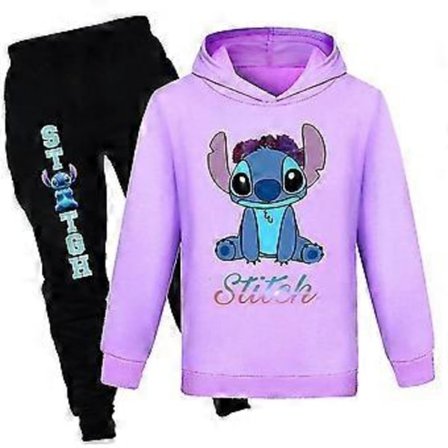 Lilo og Stitch Hettegenser Sett til Barn, Langermet Treningsdress, Genser, Topper, Bukser, Antrekk Gutter Jenter -NMAOV(11-12 År Lilla)
