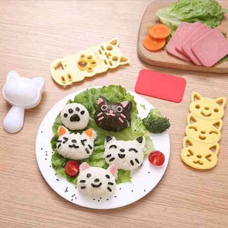 Risbollform Non-Stick Sushi Making Kit Cartoon Animal Cat Sushi Bento Maker Form med Seaweed Nori Expression Cutter, Set om 4