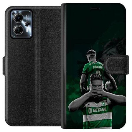 Kompatibelt Lommeboketui til Motorola Moto G13 Neonmotiv med teksten "Gaming is in my DNA" på en blå og rød murvegg med en lysende DNA-spiral.