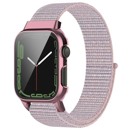 Apple Watch (45 mm) klockarmband i nylon + härdat glas - Ljusrosa
