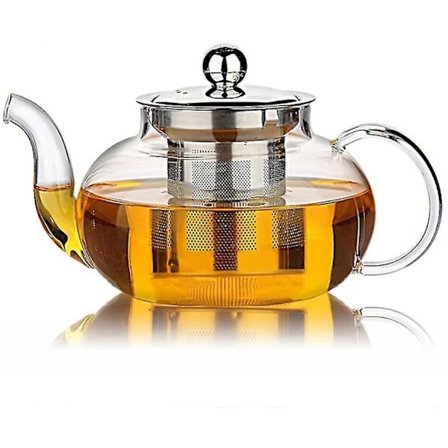 Glastekanna med avtagbart lock och sil i rostfritt stål, 975 ml