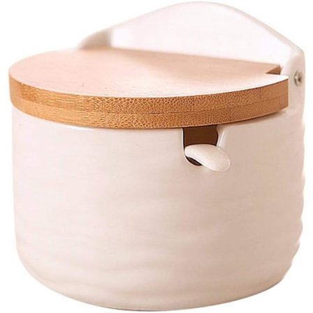 1 stk. Krydderikrukke til køkkenet, keramisk skål med bambuslåg og sukkerskeer, porcelænsbeholder til krydderier