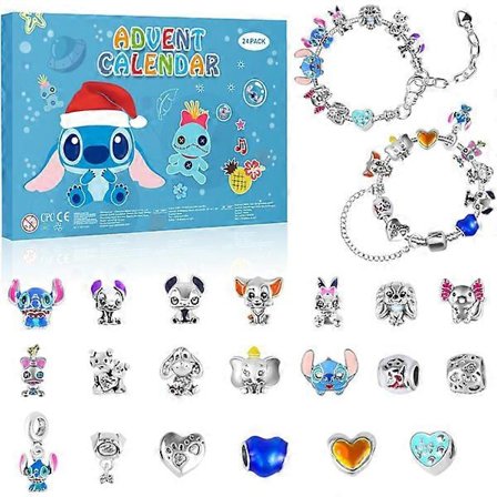 Julekalender 2025 til piger, 24 dages julekalender med 2 armbånd og 22 unikke tegneserie charms, julegaver