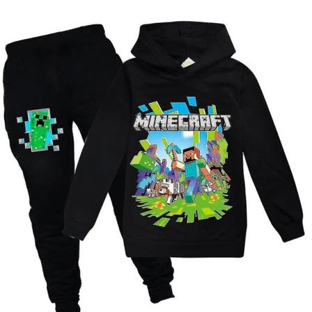 Børne Minecraft Spil Huva Træningsoverall Unisex Sport Hoodie Bukser Outfit Sæt Sort 15-16 år