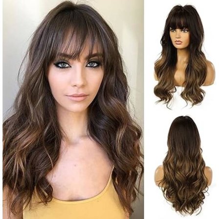 24 tuuman tummanruskea naisten peruukki otsatukalla pitkä luonnollinen aaltoperuukki lämmönkestävä synteettinen peruukki