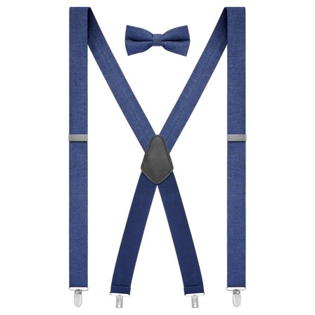 Set de tirantes de clip con forma de X vaqueros azul marino y pajarita preatada para hombres - Sets de pajaritas