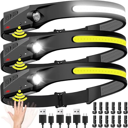 Genopladelig pandelampe - 230° bred LED-lysstråle med bevægelsessensor | Vandtæt til camping, vandring, cykling (3-pak)