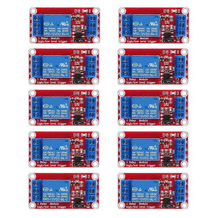 10 stk. Relæmodul DC 12V Relækort 1 Kanal med Optokobler Isolation Understøtter Højt eller Lavt Niveau