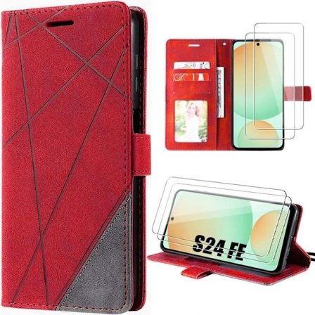 Coque - Booling - för Samsung Galaxy S24 FE - Syntetiskt Läder - Röd - 2 Härdat Glas