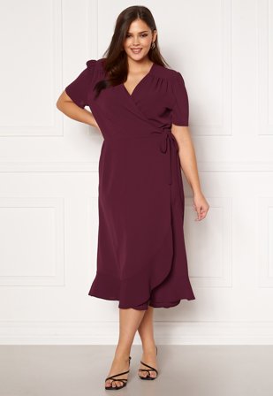 John Zack Curve Short Sleeve Wrap Frill Curve Dress Wine Klær