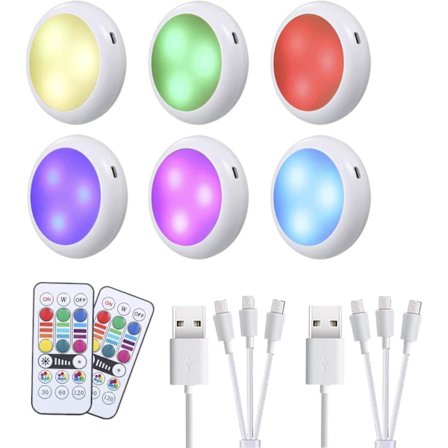Langattomat LED-kaappivalot, USB-ladattava, RGB-kaukosäädin, säädettävä kirkkaus, keittiöön, kirjahyllyyn, näyteikkunaan, ruokakomeroon. (6 kpl) (6,5"