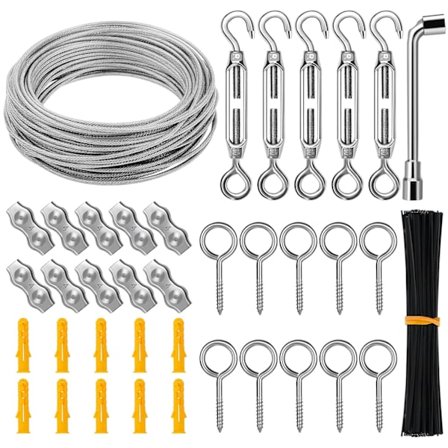 Rostfritt stål vajer rep hängande kit, 30M/3mm vajer, trädgård vajer kit, bildtråd, staket kit, kraftig stålvajer, vajerspännare och krok