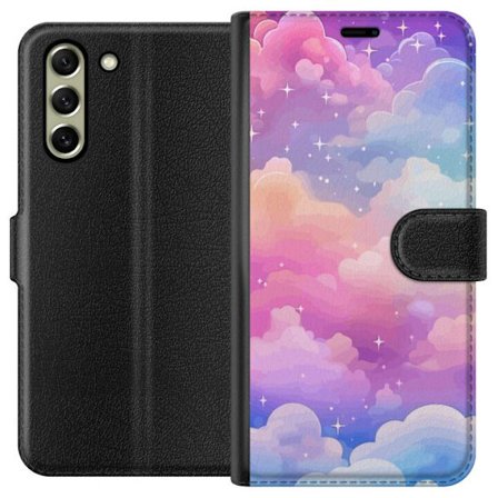 Kompatibelt Lommeboketui til Samsung Galaxy S21 FE 5G Søt enhjørning med regnbuefarget hår mot en stjernebelagt pastellbakgrunn i kawaii-stil