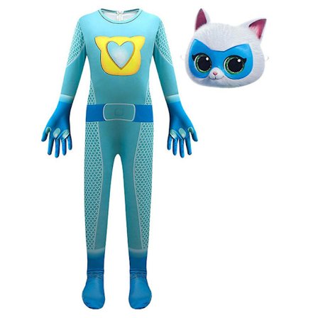 3-9 år Børn Super Kitties Cosplay Kostume Katte Jumpsuit Mask Outfits Halloween Fest Fancy Dress Gaver-Blå