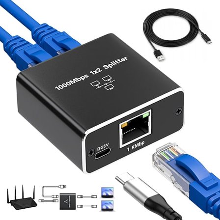 Internet Splitter 2 Portar 1000Mbps Nätverk Switch RJ45 Kompatibel med Cat5 Cat6 LAN UTP Ethernet Svart
