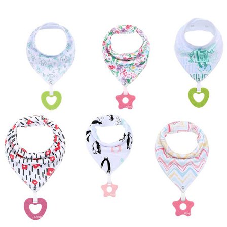 Baby Bandana Drool Bibs 6-pack och Bitleksaker 6-pack Tillverkade av 100 % ekologisk bomull, absorberande och mjuka unisex