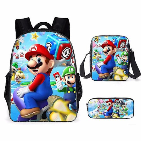 3 stk/sett Super Mario Bro Ryggsekk Barn Skole Skulder Bag Blyantveske Bokveske