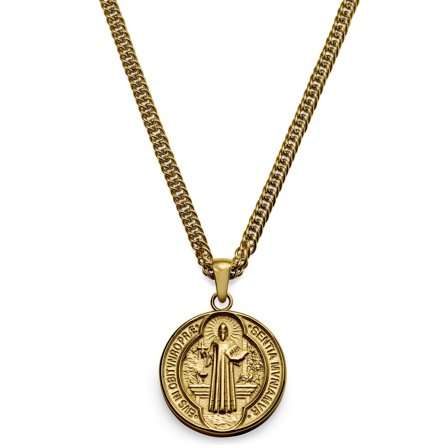 Sanctus | Złocisty naszyjnik z medalem św. Benedykta dla mężczyzn - Stalowe naszyjniki