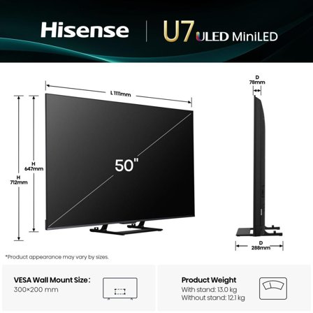 Hisense 126,0cm/50" (3840x2160) 50U7Q 16:9 Mini LED 144Hz HDMI USB WLAN Bluetooth HDR10+ Adaptive Speaker Black