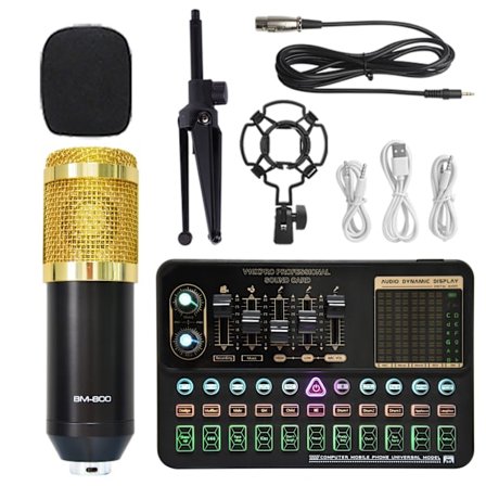 Ljudgränssnitt med DJ-mixer och ljudkort, bärbar podcastutrustning combo-kit, professionell XLR-mikrofon för streaming, spel