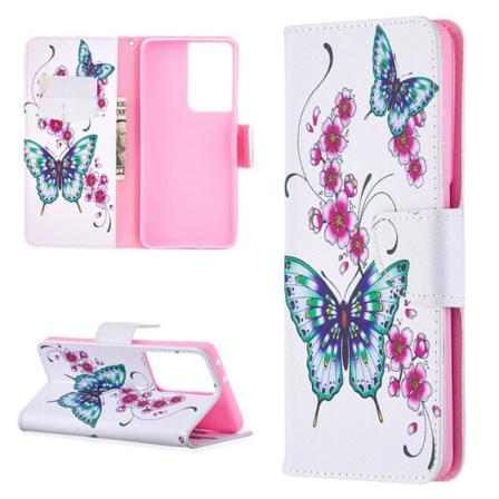 Plånboksfodral Samsung Galaxy S21 Ultra – Fjärilar Och Blommor