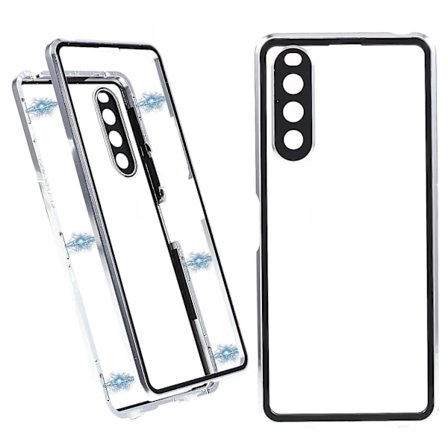 För Sony Xperia 10 V magnetiskt case Metallram + härdat glas + genomskinligt cover på baksidan