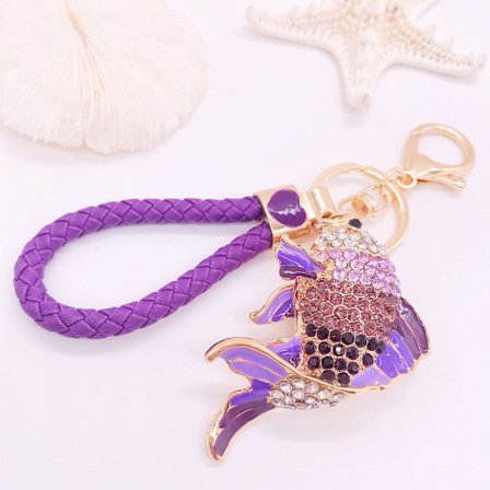 Söta djurnyckelringar för kvinnor Bling guldfisk nyckelring med rep till flickväska eller bilhänge med presentförpackning, lila - spot försäljning