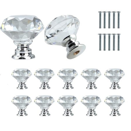 Kristalknopper 10 stk – Diamantformede knopper i glas Transparent/Sølv, Skabshåndtag Skuffehåndtag med skruer til skabe