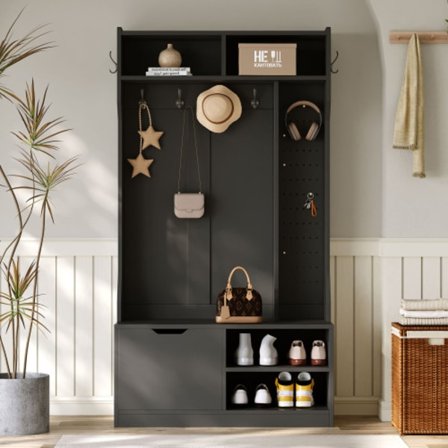 Hallset med bänk, 6 krokar & 1 dörr, 4 öppna fack, 100x185,5cm i svart, komplett set för hallen