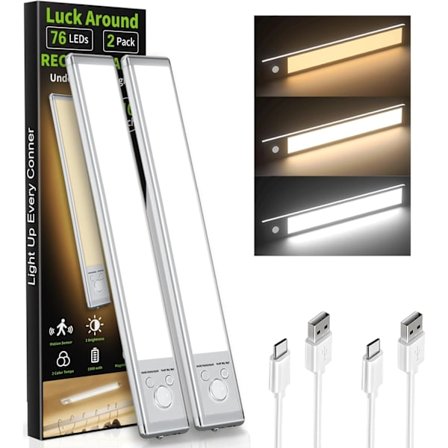 Under-skap belysning, bevegelsessensorlys, 2 oppladbare kjøkkenbenklys, 24cm 1500mAh 76LED lysstripe, trefarget belysning.